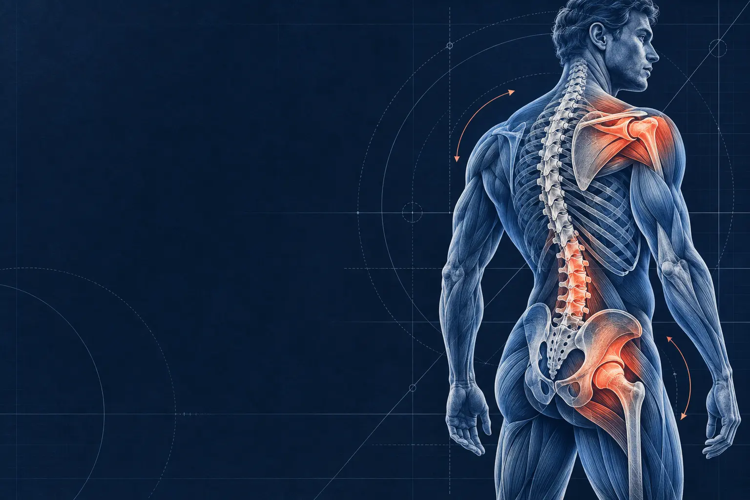Duża ilustracja anatomii człowieka ze wskazaniem kręgosłupa, barku i biodra